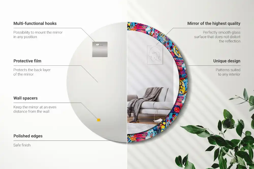 Miroir rond cadre avec impression gribouillages colorés