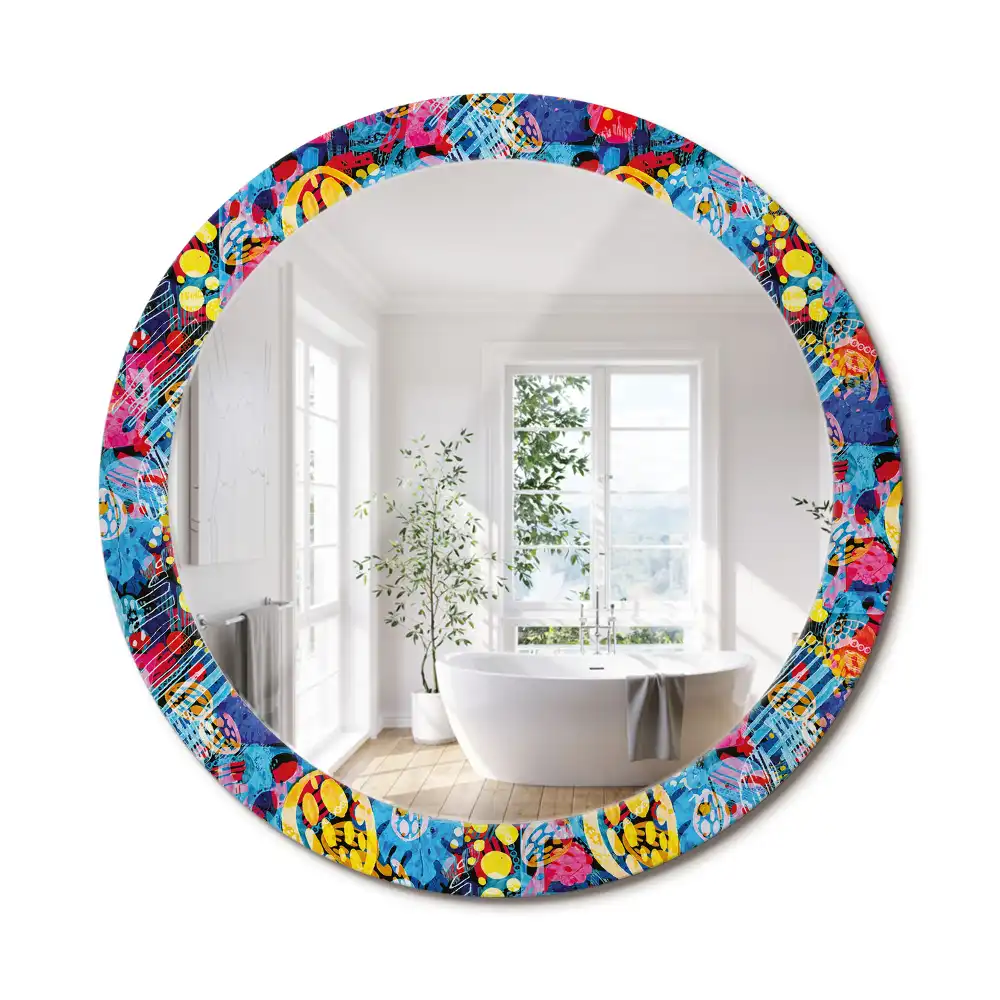 Miroir rond cadre avec impression gribouillages colorés