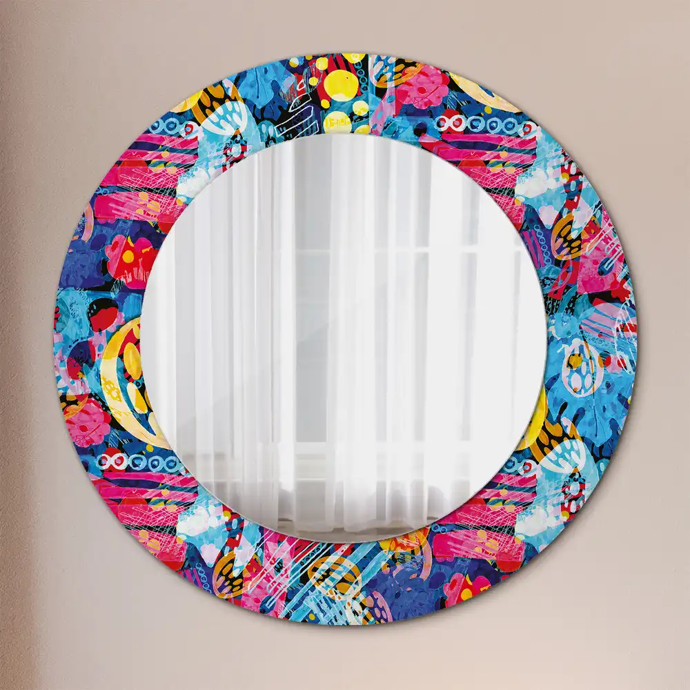 Miroir rond cadre avec impression gribouillages colorés
