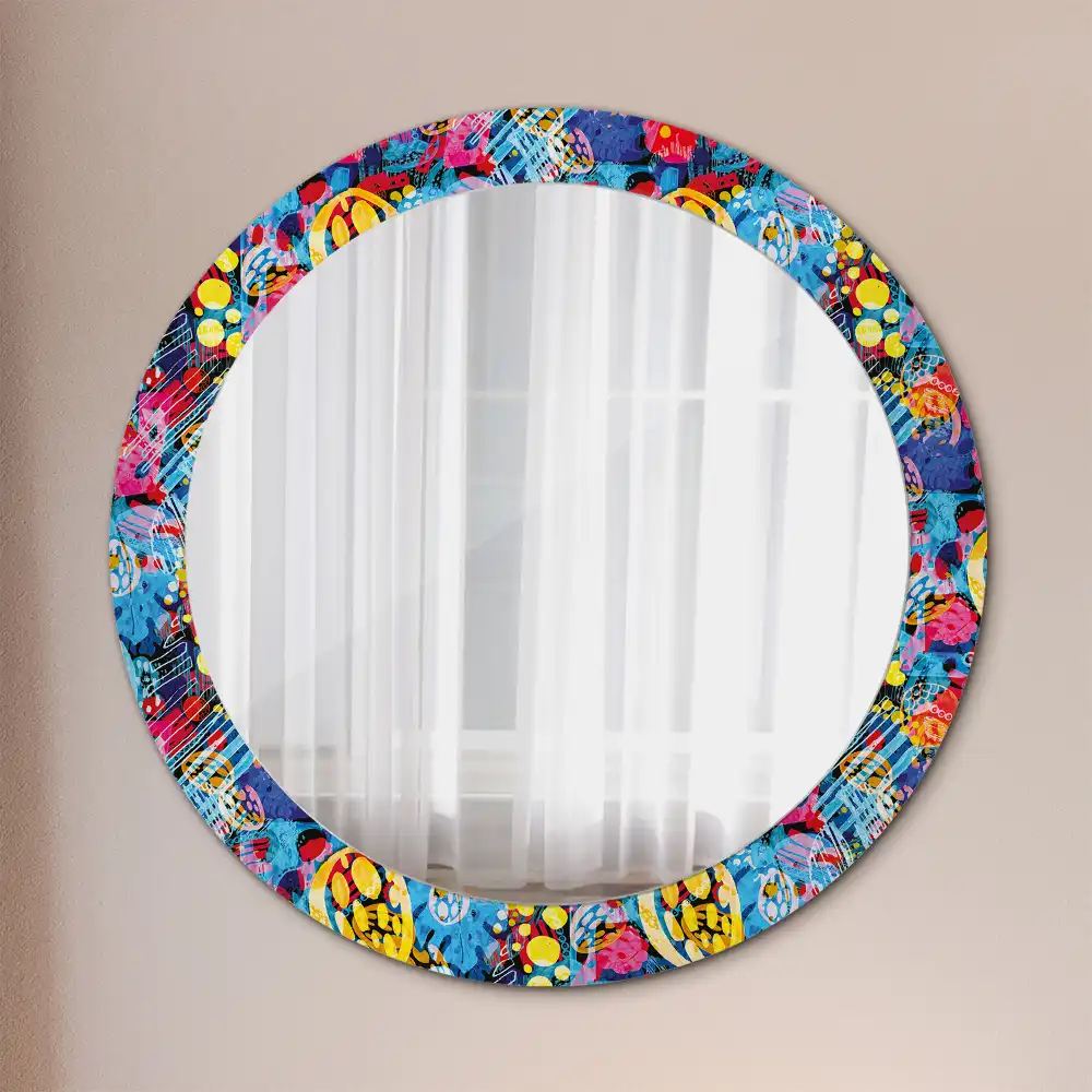 Miroir rond cadre avec impression gribouillages colorés