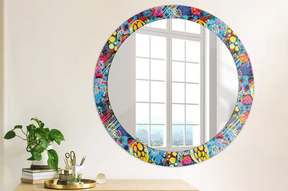 Miroir rond cadre avec impression gribouillages colorés
