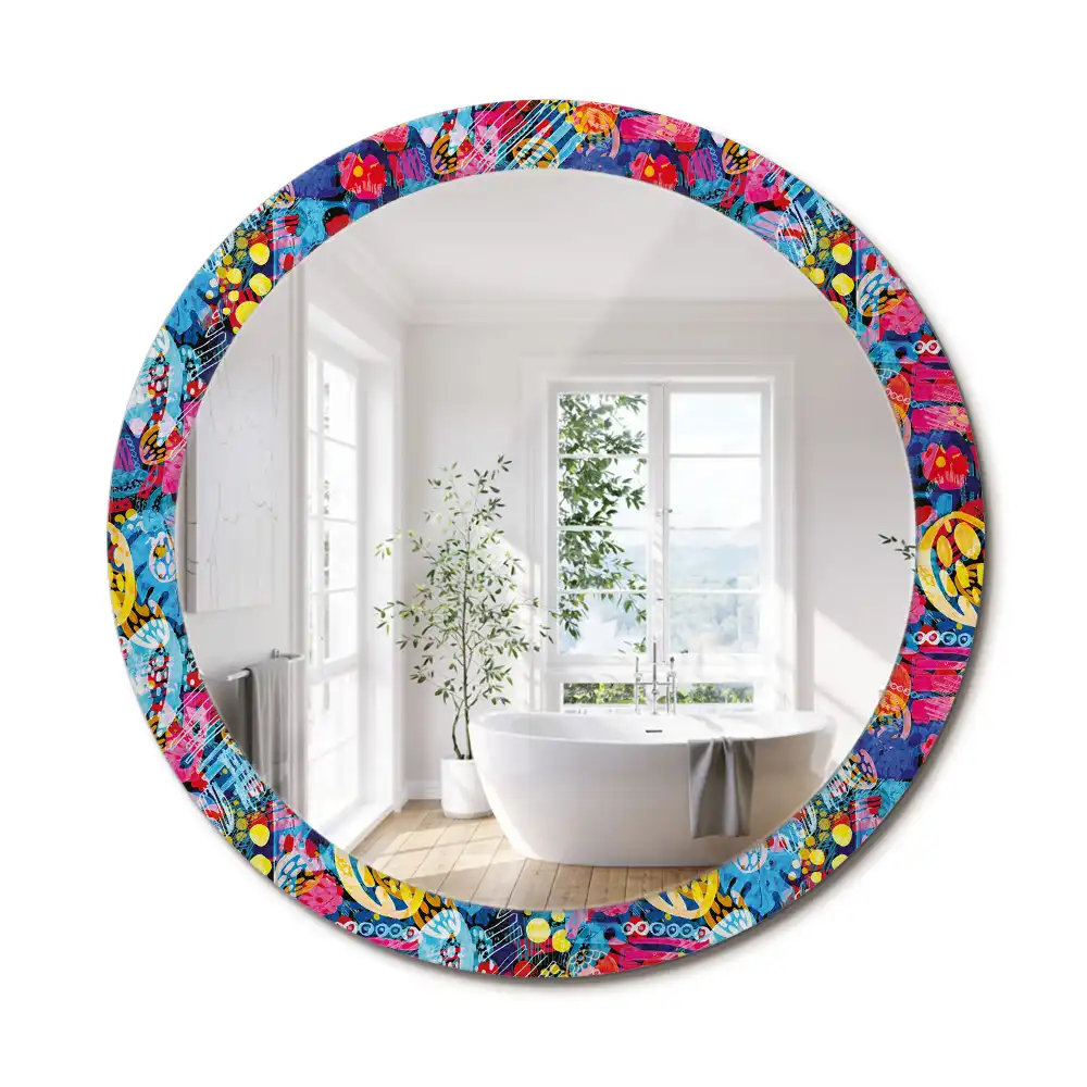 Miroir rond cadre avec impression gribouillages colorés