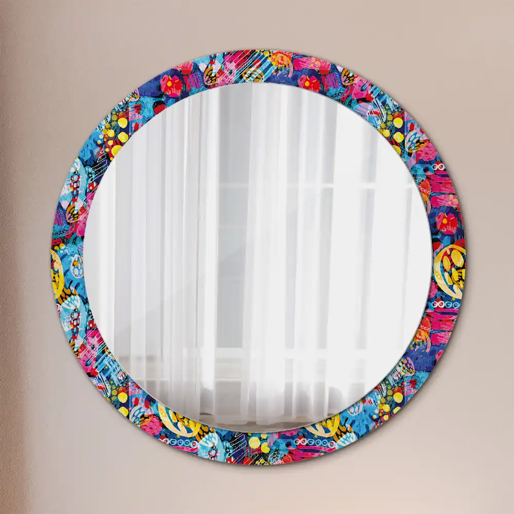 Miroir rond cadre avec impression gribouillages colorés