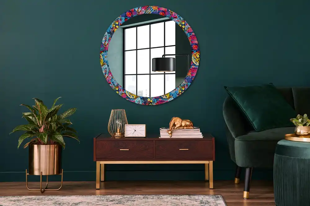 Miroir rond cadre avec impression gribouillages colorés