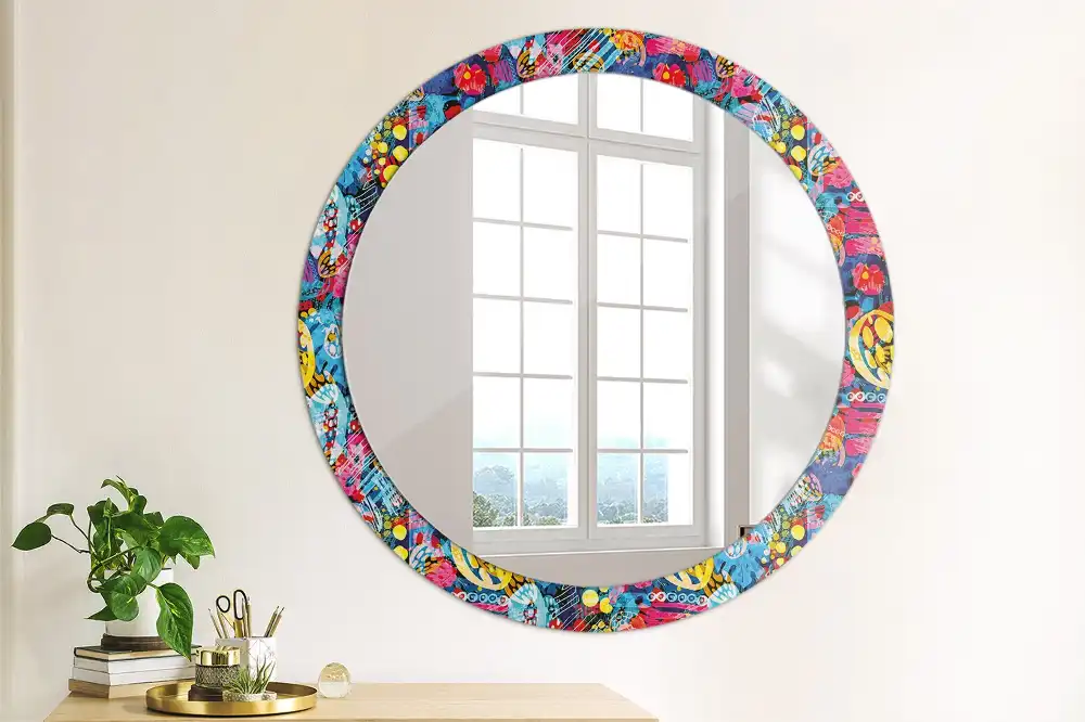 Miroir rond cadre avec impression gribouillages colorés