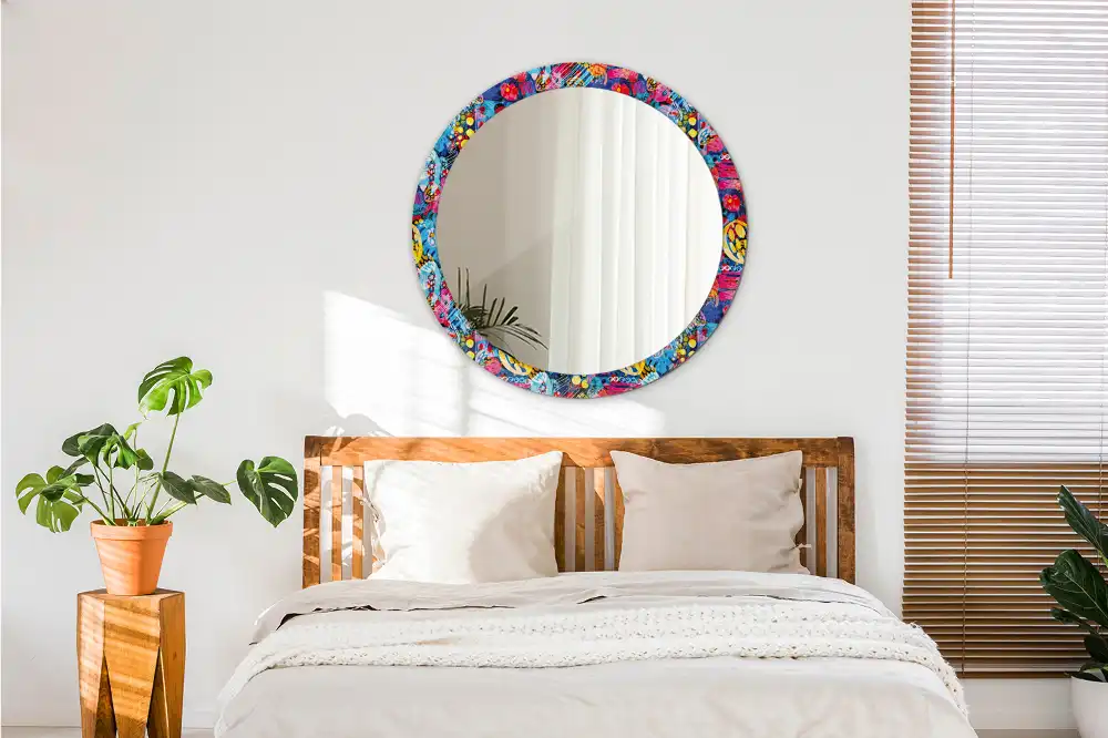 Miroir rond cadre avec impression gribouillages colorés