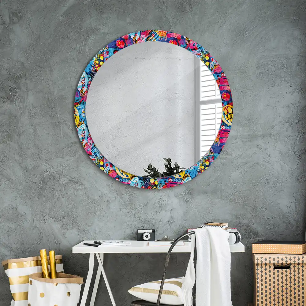Miroir rond cadre avec impression gribouillages colorés