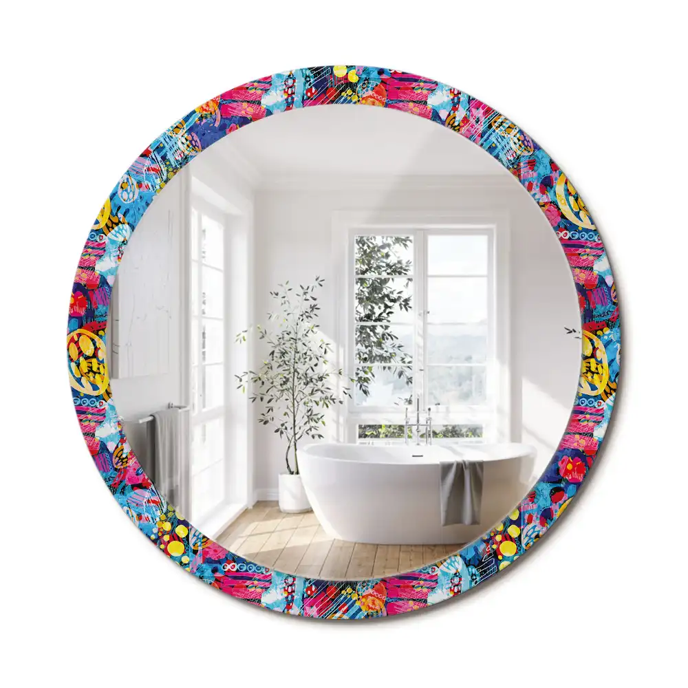 Miroir rond cadre avec impression gribouillages colorés
