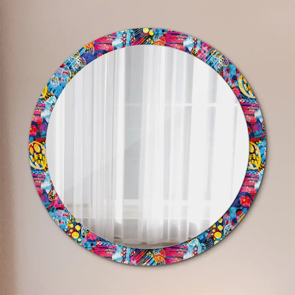 Miroir rond cadre avec impression gribouillages colorés