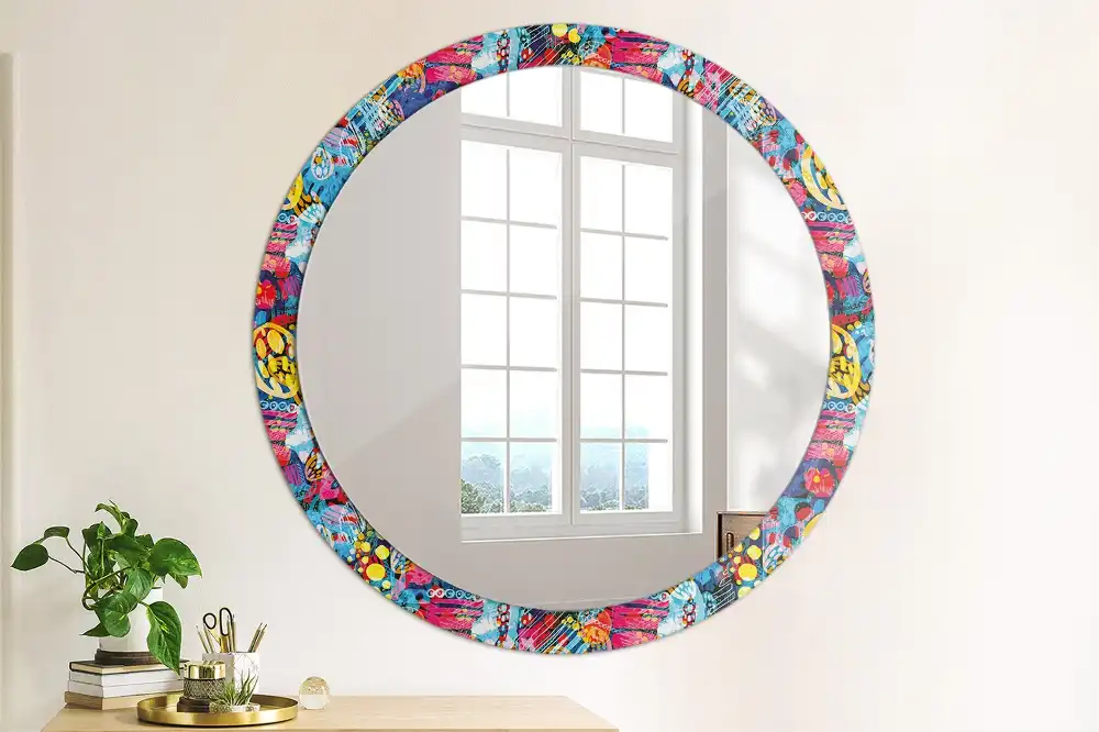 Miroir rond cadre avec impression gribouillages colorés
