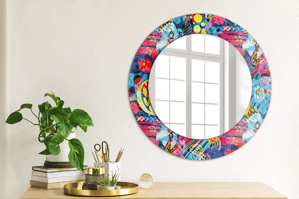 Miroir rond cadre avec impression gribouillages colorés