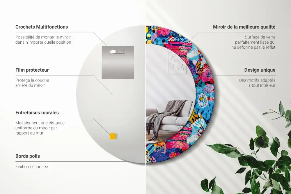 Miroir rond cadre avec impression gribouillages colorés