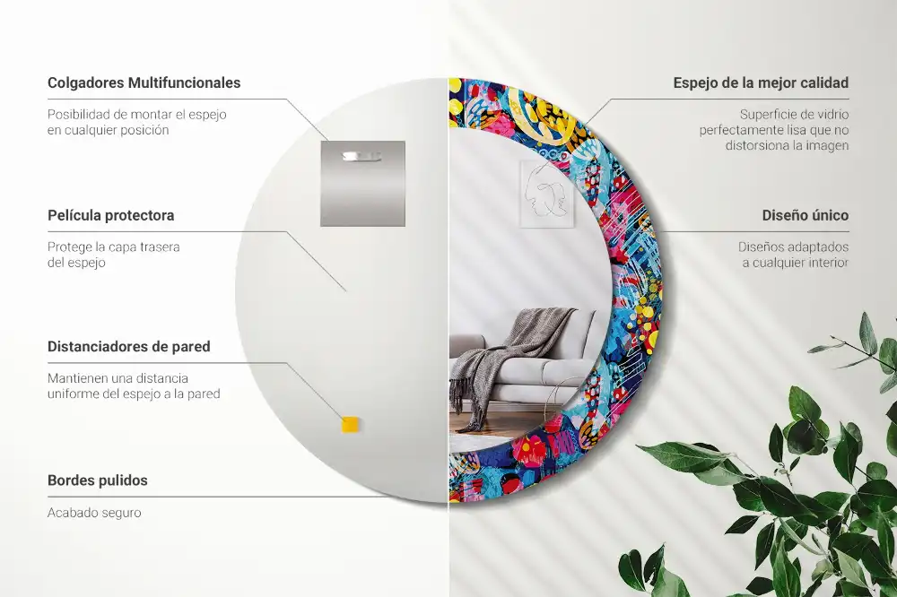 Miroir rond cadre avec impression gribouillages colorés