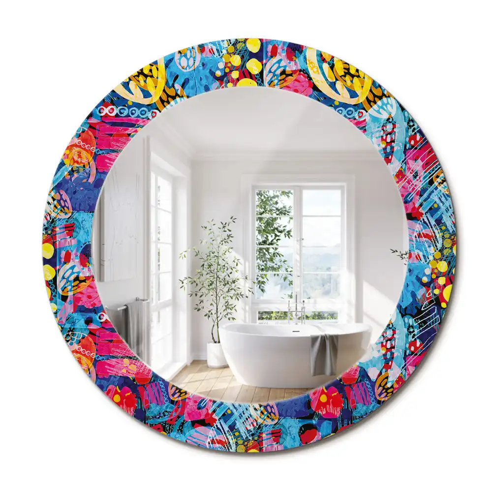 Miroir rond cadre avec impression gribouillages colorés