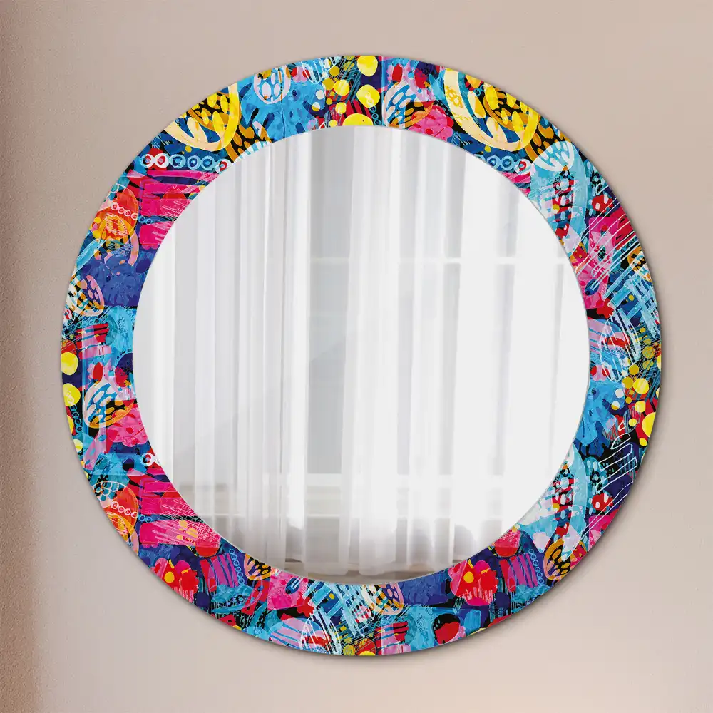 Miroir rond cadre avec impression gribouillages colorés