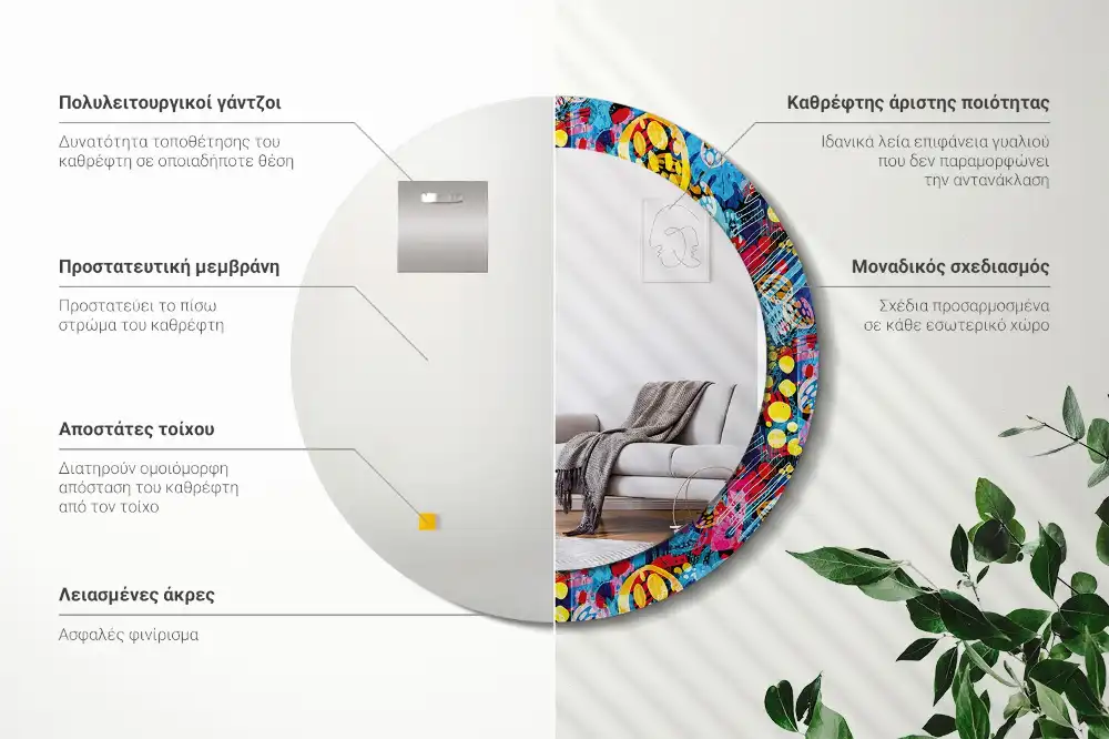 Miroir rond cadre avec impression gribouillages colorés