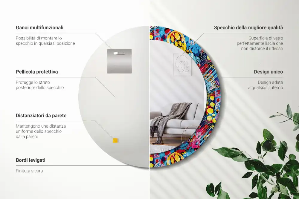 Miroir rond cadre avec impression gribouillages colorés