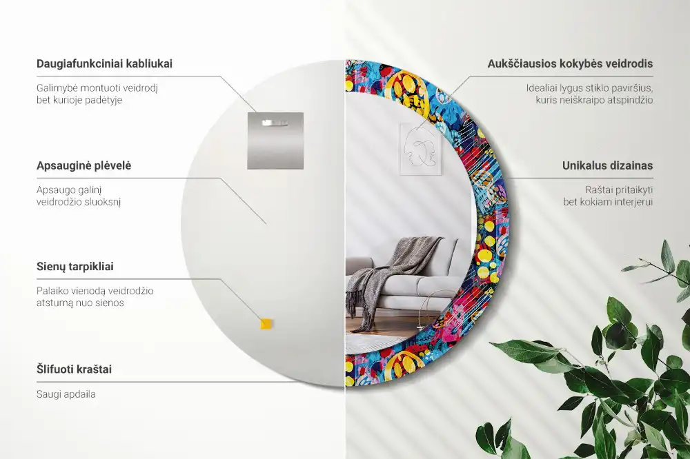Miroir rond cadre avec impression gribouillages colorés