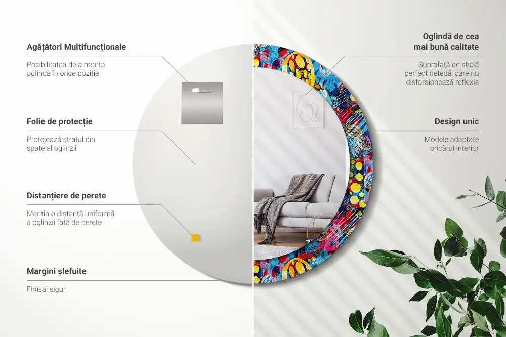 Miroir rond cadre avec impression gribouillages colorés
