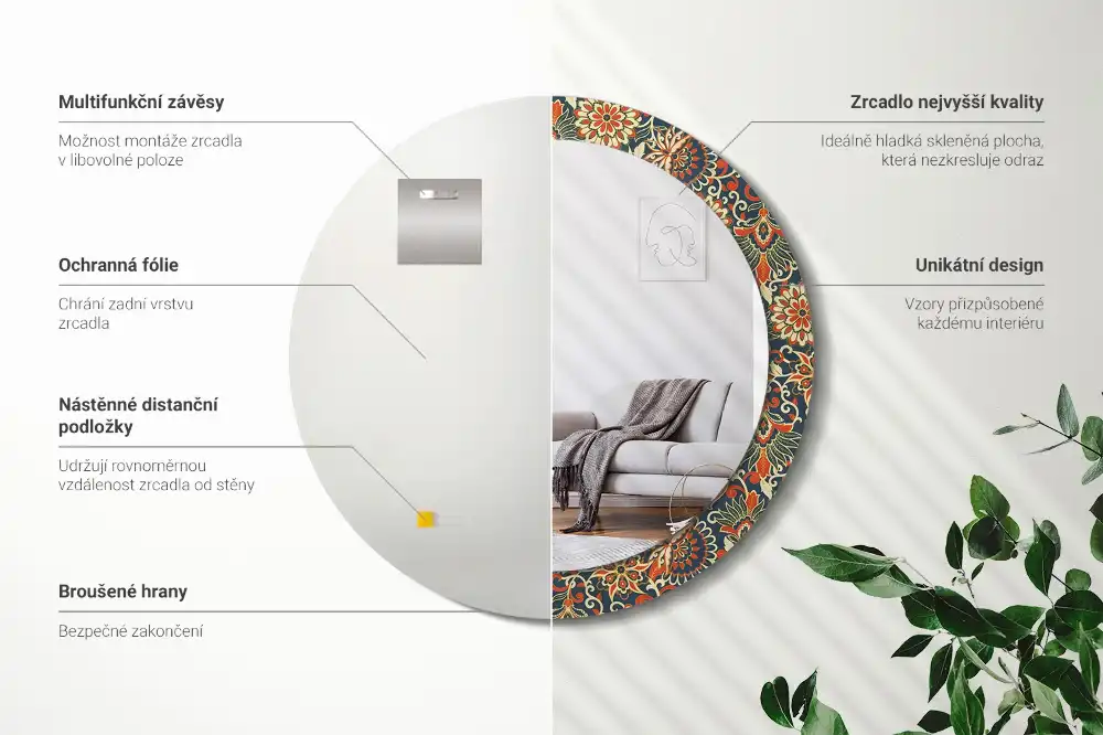 Miroir rond imprimé fleurs rétro
