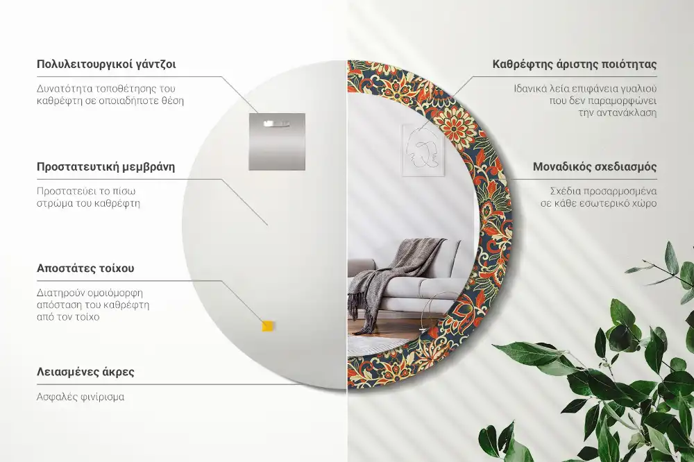 Miroir rond imprimé fleurs rétro