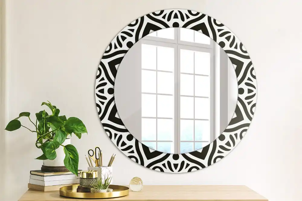 Miroir rond cadre imprimé ornement noir