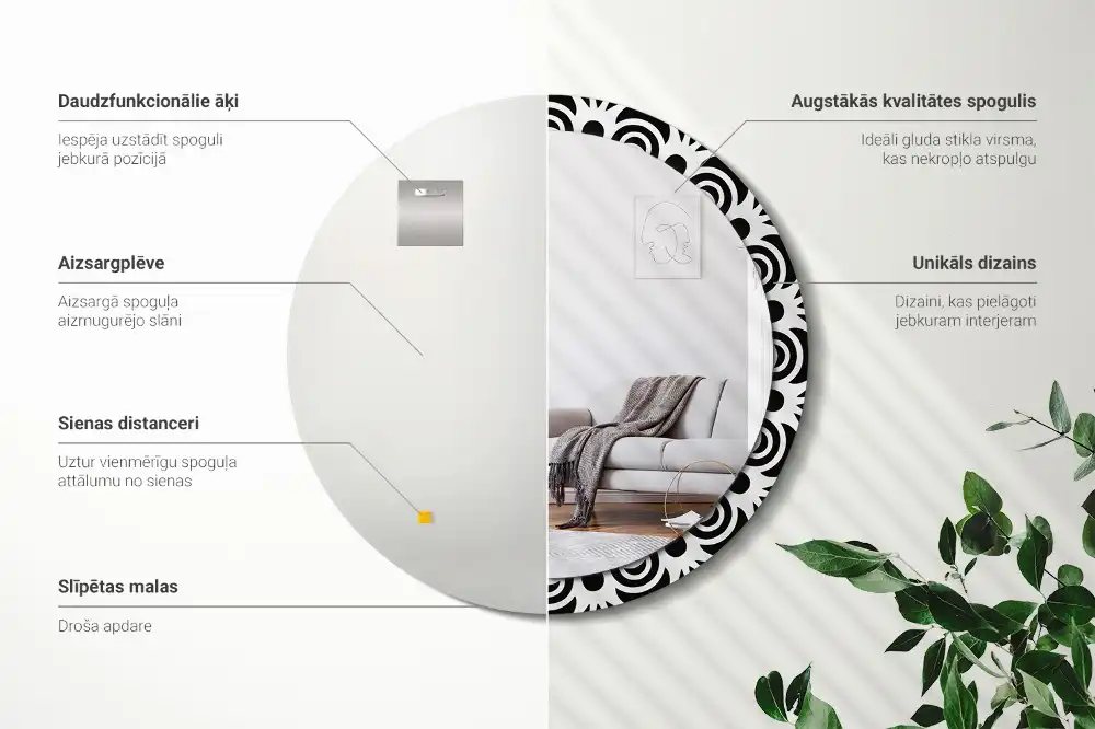 Miroir rond cadre imprimé ornement noir