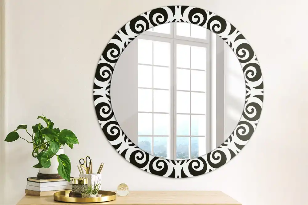 Miroir rond cadre imprimé ornement noir