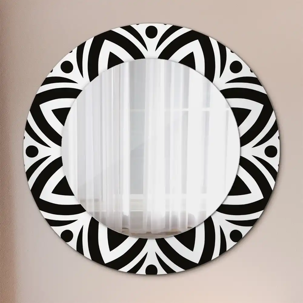 Miroir rond cadre imprimé ornement noir