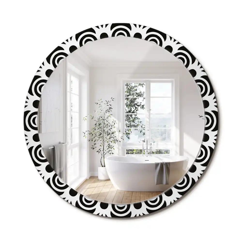 Miroir rond cadre imprimé ornement noir