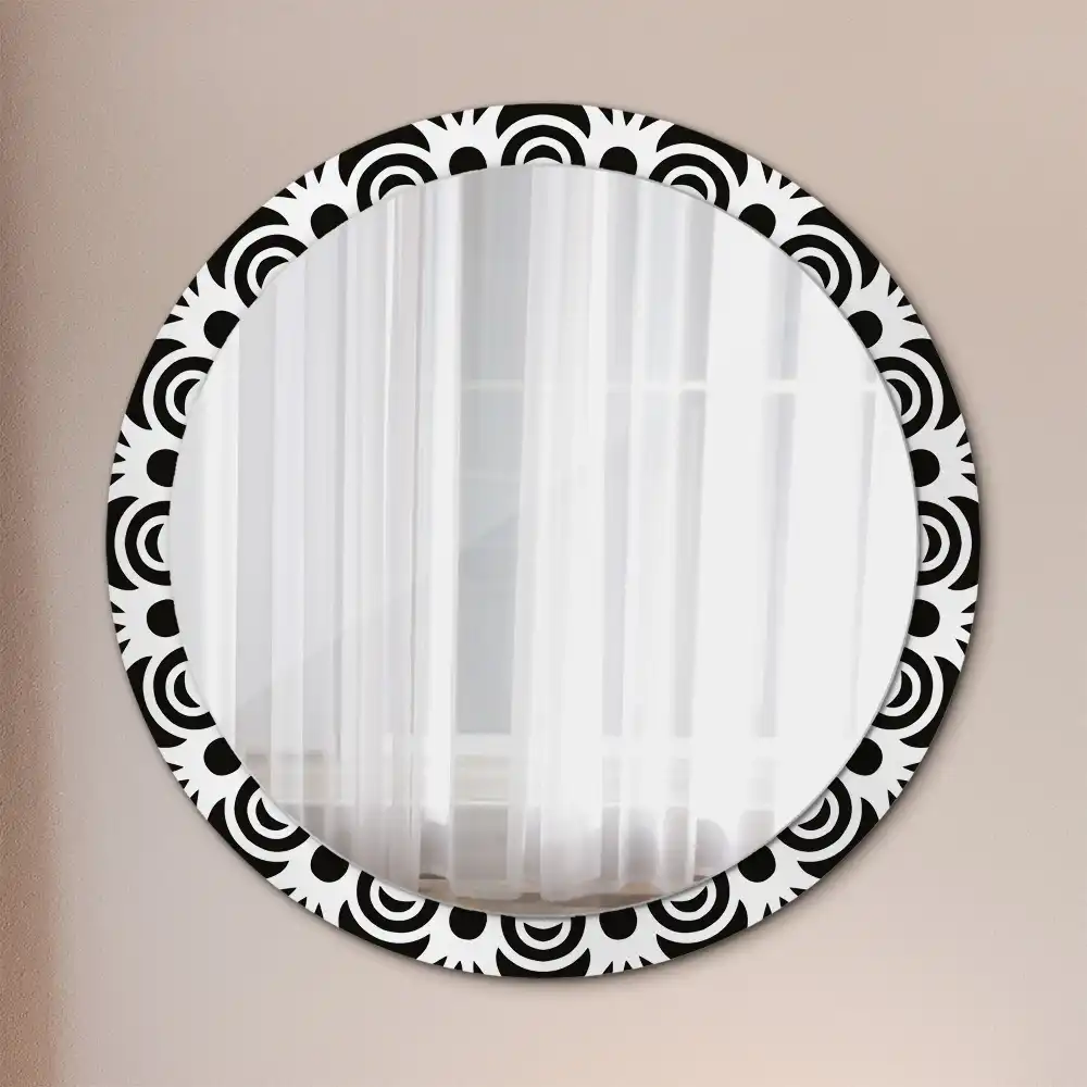 Miroir rond cadre imprimé ornement noir