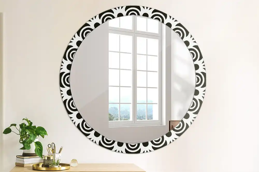 Miroir rond cadre imprimé ornement noir