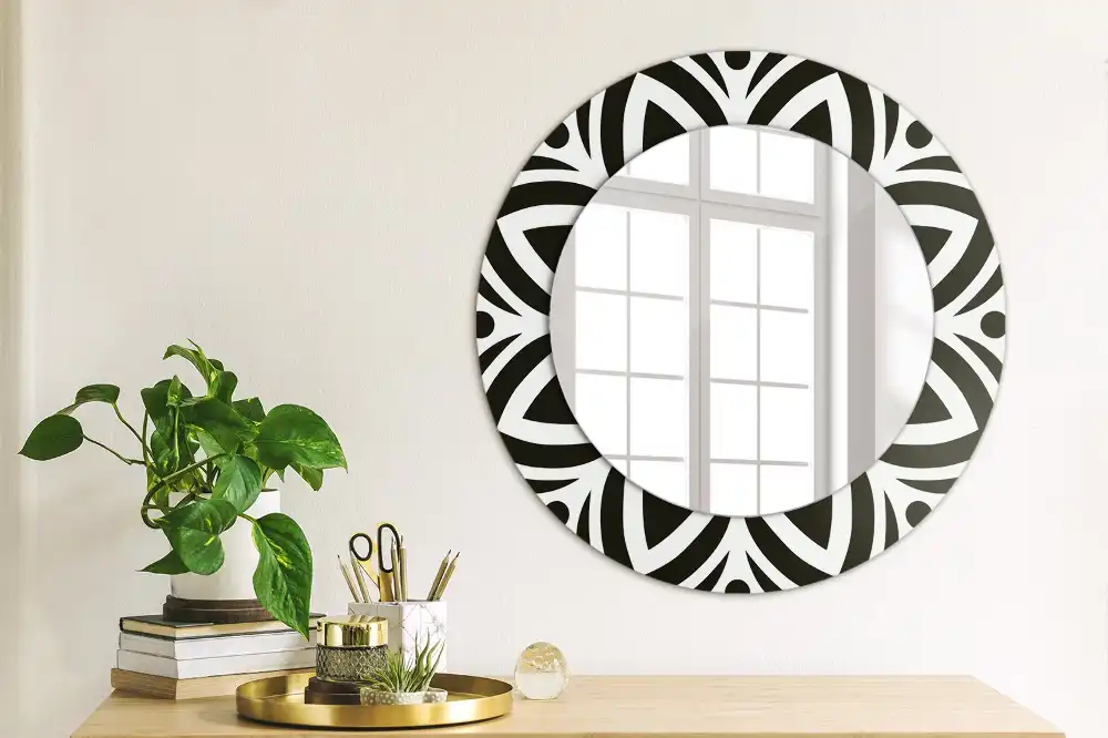 Miroir rond cadre imprimé ornement noir