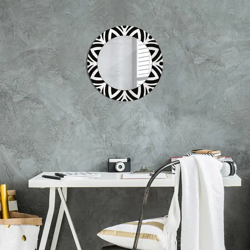 Miroir rond cadre imprimé ornement noir