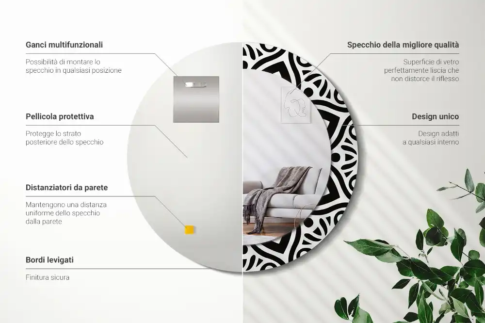 Miroir rond cadre imprimé ornement noir
