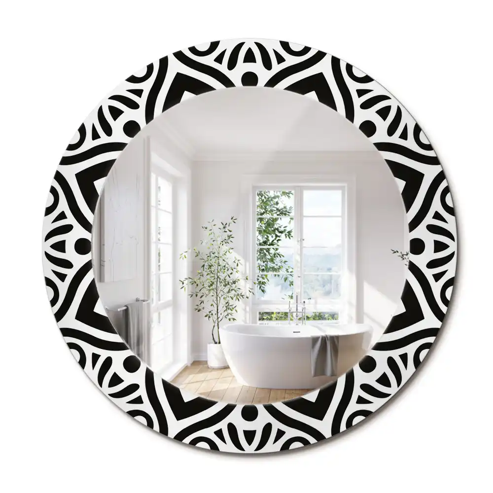 Miroir rond cadre imprimé ornement noir