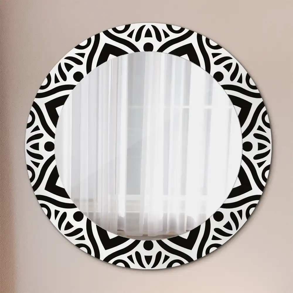 Miroir rond cadre imprimé ornement noir