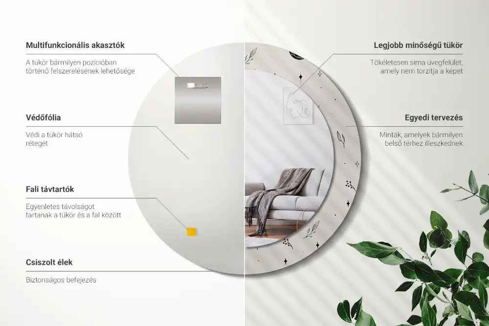 Miroir rond cadre avec impression plantes dessinées
