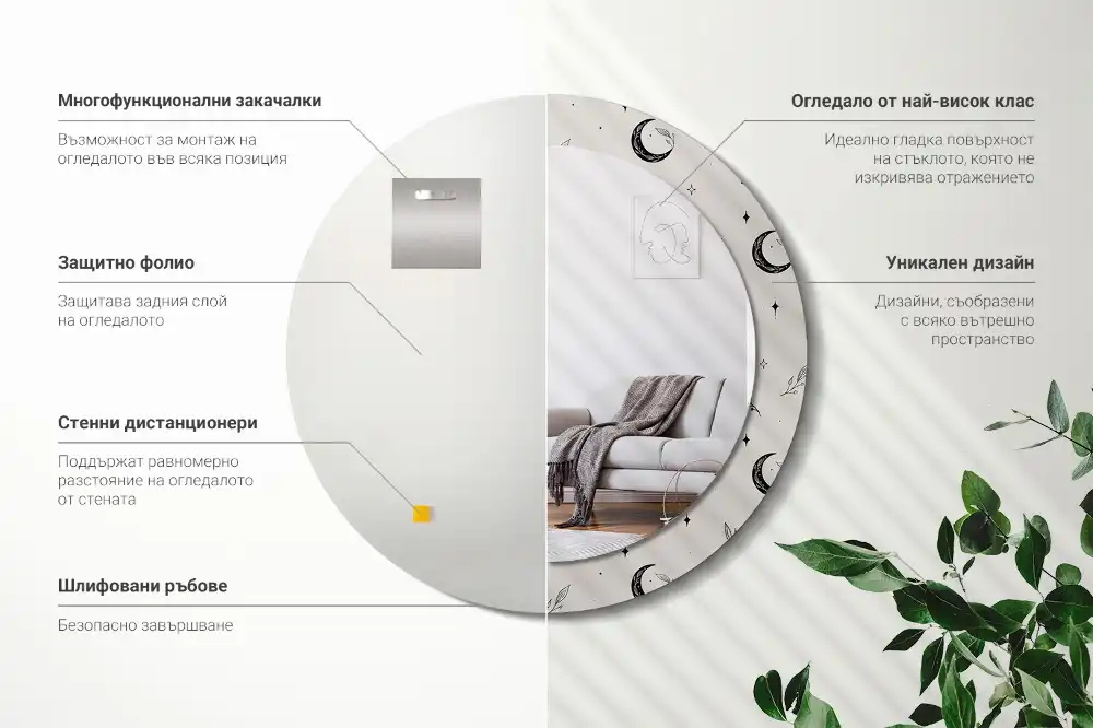 Miroir rond cadre avec impression plantes dessinées