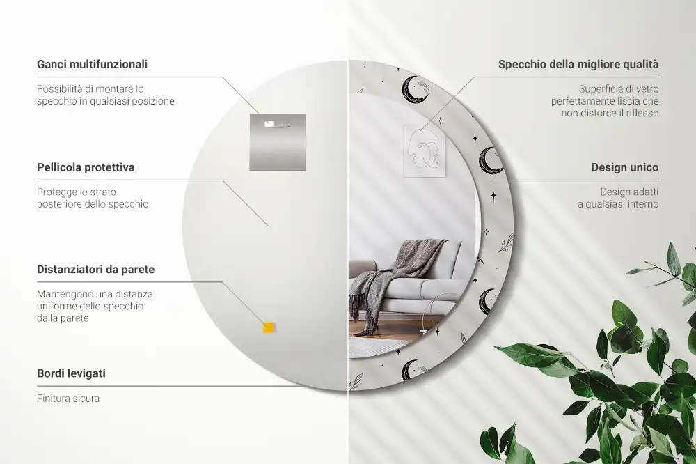 Miroir rond cadre avec impression plantes dessinées