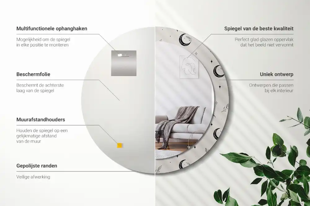 Miroir rond cadre avec impression plantes dessinées