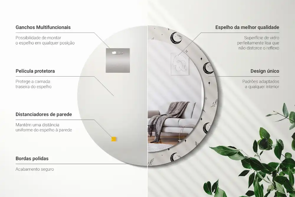 Miroir rond cadre avec impression plantes dessinées