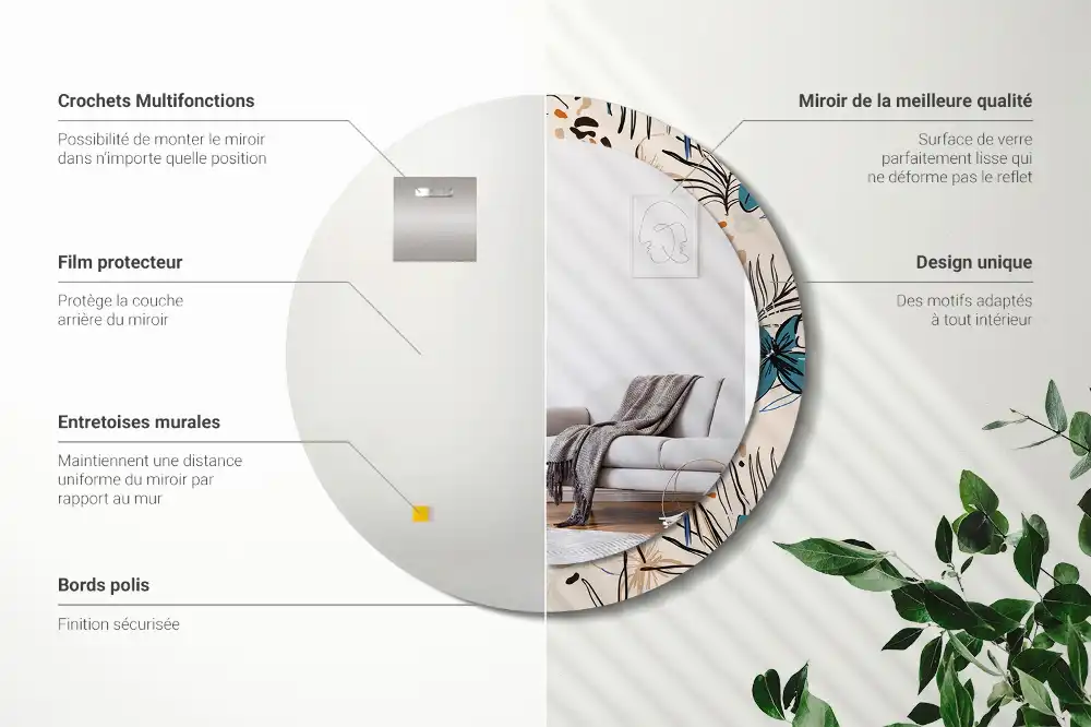 Miroir rond cadre imprimé fleurs et motif jungle