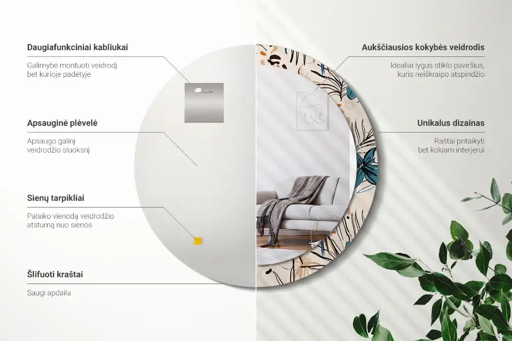 Miroir rond cadre imprimé fleurs et motif jungle