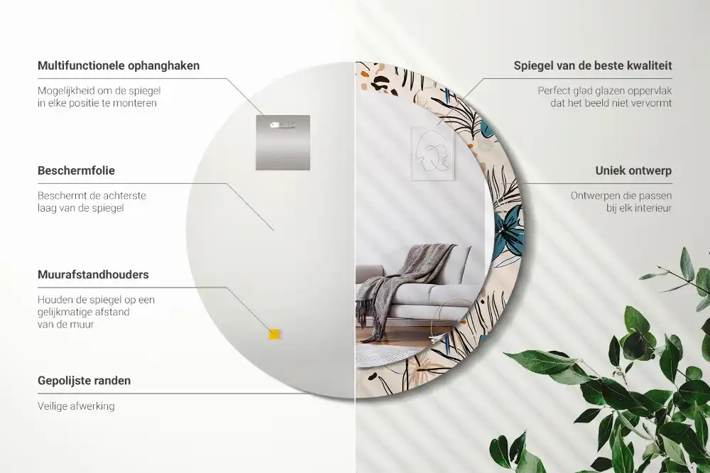 Miroir rond cadre imprimé fleurs et motif jungle