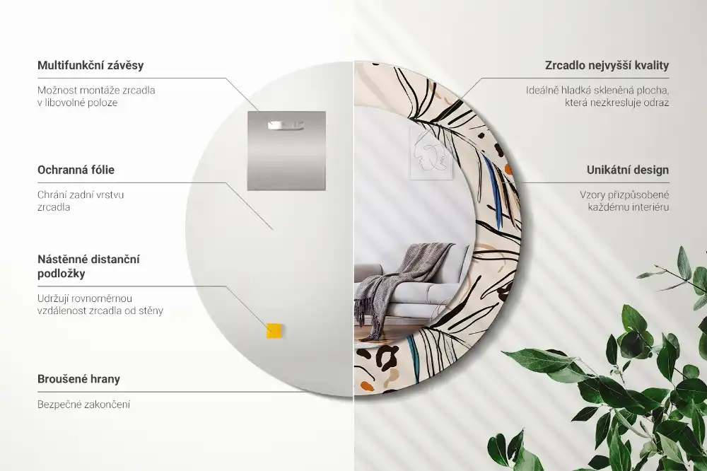 Miroir rond cadre imprimé fleurs et motif jungle