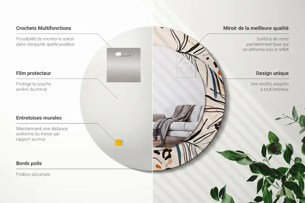 Miroir rond cadre imprimé fleurs et motif jungle