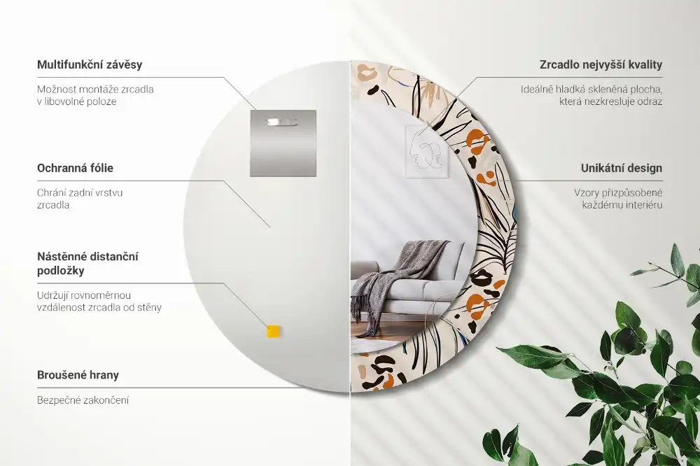 Miroir rond cadre imprimé fleurs et motif jungle