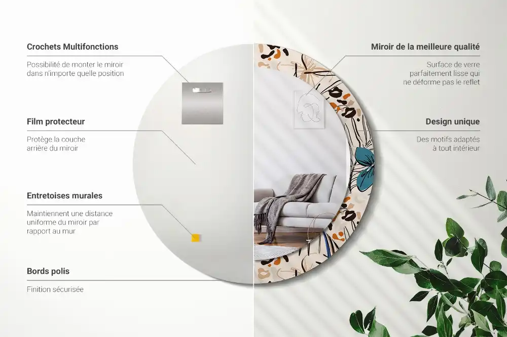 Miroir rond cadre imprimé fleurs et motif jungle