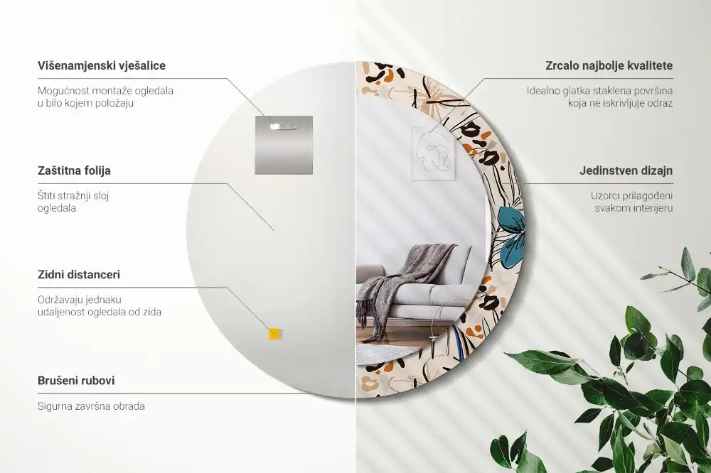 Miroir rond cadre imprimé fleurs et motif jungle